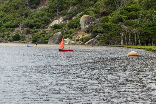 Sailing with kids on Tidal River with Whale Rock in view
